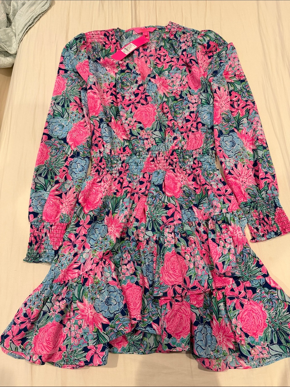 Lilly Pulitzer Pink & Blue Floral Long-Sleeve Smocked Waist Dress
